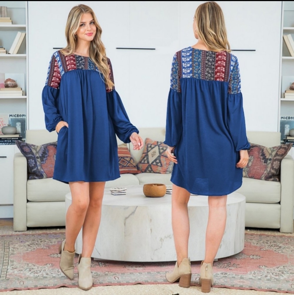 Floral boho print bubble long sleeve woven women's fall yoke dress